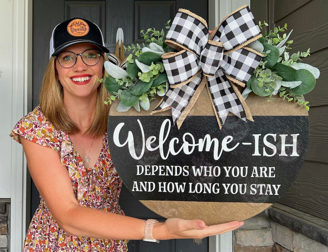 Front Door Decor | Welcome-Ish | Year Round Wreath | Funny Door Hanger | Funny Door Sign | Housewarming Gift | Funny Sign | Funny Gift - 18" - Black, 1