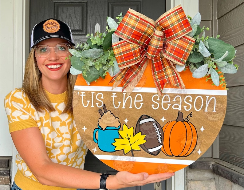 Fall Front Door Decor | 'Tis The Season | Fall Door Hanger | Fall Welcome Sign | Fall Door Wreath | Fall Porch Decor | Fall Door Sign image 1