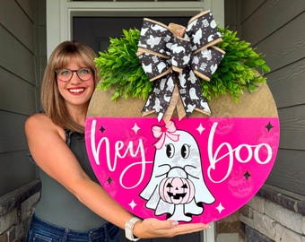 Halloween Front Door Decor | Halloween Wreath | Hey Boo | Ghost | Halloween Decor | Halloween Door Hanger | Halloween Wreath | Ghost