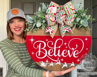 Christmas Front Door Decor | Merry Christmas | Believe | Christmas Wreath | Christmas Decor | Christmas Sign | Christmas Door Wreath