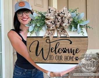 Front Door Decor | Welcome To Our Home Sign | Paw | Dog Sign | Year Round Wreath | Welcome Door Sign | Front Door Hanger | Front Door Sign