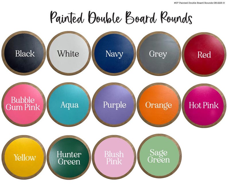 Puede incluir: Una colecci&oacute;n de c&iacute;rculos de madera pintados en varios colores, incluyendo negro, blanco, azul marino, gris y rojo. La imagen tambi&eacute;n presenta c&iacute;rculos en rosa chicle, aguamarina, morado, naranja, rosa intenso, amarillo, verde cazador, rosa rubor y verde salvia. El texto dice "Painted Double Board Rounds."