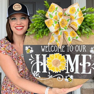 Front Door Decor | Front Door Wreath | Welcome To Our Home | Sunflower | Bee | Door Hanger | Door Wreath | Housewarming Gift | Home Decor