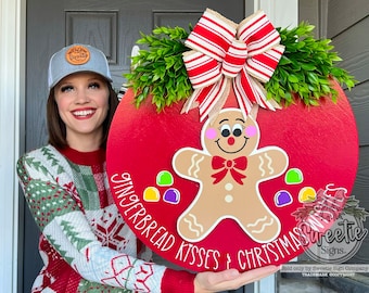 Christmas Front Door Decor | Gingerbread Kisses and Christmas Wishes | Christmas Wreath | Christmas | Christmas Door Hanger | Christmas Sign