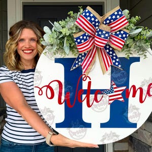 Colgante para la puerta principal del 4 de julio / Apellido/Familia / Corona para la puerta principal / Feliz 4 de julio / Decoración del 4 de julio / Corona del 4 de julio