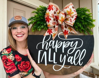 Fall Front Door Decor | Happy Fall Y'all | Fall Door Hanger | Fall Wreath | Fall Front Door Wreath | Fall Sign | Fall Welcome Sign