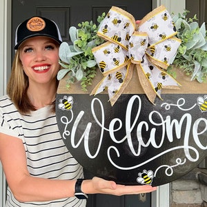 Front Door Decor | Welcome | Bee Sign | Year Round Wreath | Front Door Sign | Welcome Door Hanger | Front Door Wreath | Housewarming Gift