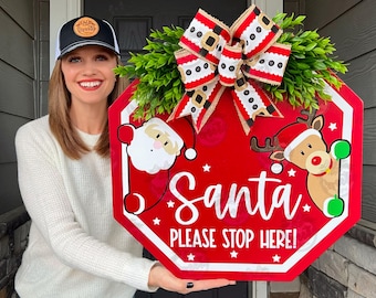 Christmas Front Door Decor | Santa Please Stop Here | Christmas Wreath | Christmas Decor | Christmas Sign | Christmas Door Wreath |Christmas