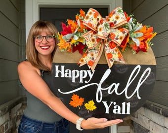 Fall Front Door Decor | Happy Fall Y'all | Fall Door Hanger | Fall Wreath | Fall Front Door Wreath | Fall Sign | Fall Welcome Sign