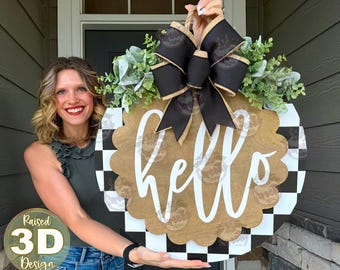 Front Door Hanger | Front Door Wreath | Hello | Checkered Sign | Front Door Sign | Welcome Door Hanger | Year Round Door Hanger