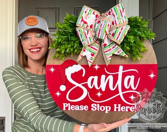 Christmas Front Door Decor | Santa Please Stop Here | Christmas Wreath | Christmas Decor | Christmas Sign | Christmas Door Wreath