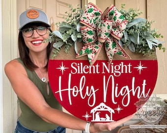 Christmas Front Door Decor | Silent Night Holy Night | Christmas Wreath | Christmas Decor | Christmas Door Hanger | Christmas Door Sign