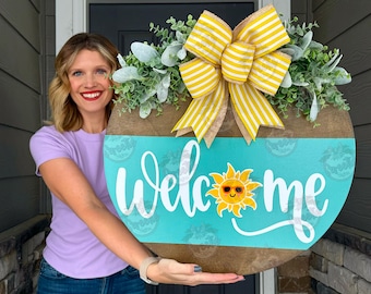Summer Front Door Decor | Welcome Sign | Sun | Summer Door Hanger | Summer Wreath | Summer Door Wreath | Summer Porch Decor | Summer Sign