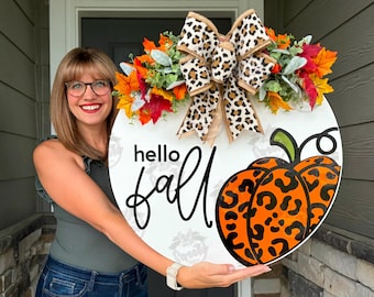 Fall Front Door Decor | Hello Fall | Fall Wreath | Fall Sign | Fall Decor | Fall Door Hanger | Fall Door Wreath | Pumpkin | Fall