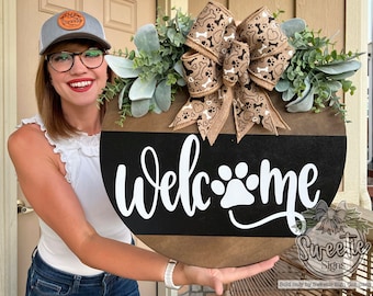 Front Door Decor | Welcome/Paw | Dog Sign | Dog Sign | Front Door Sign | Dog Door Hanger | Year Round Wreath | Dog Gift