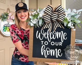 Front Door Decor | Welcome To Our Home Sign | Front Door Sign | Front Door Hanger | Year Round Wreath | Front Door Wreath