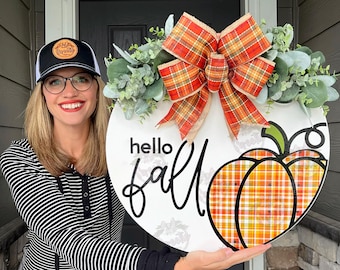 Fall Front Door Decor | Hello Fall | Fall Wreath | Fall Sign | Fall Decor | Fall Door Hanger | Fall Door Wreath | Pumpkin | Fall