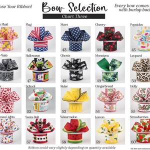 May include: A chart showcasing various decorative bows with burlap backing. Designs include lemon plaid, flag, stars, cherry, popsicles, spider web, Halloween, ghosts, monstera, leopard, hearts, school, ruler, gingerbread, holly, Christmas lights, Santa belt, watermelon, lemon, and strawberries.