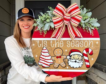 Christmas Front Door Decor | Tis The Season | Christmas Wreath | Christmas Decor | Christmas Sign | Christmas Door Wreath | Christmas