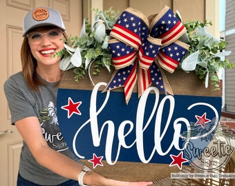 Fourth of July Front Door Decor | Hello Sign | Front Door Wreath | Happy 4th Of July | Fourth of July Decor | Fourth Of July Wreath