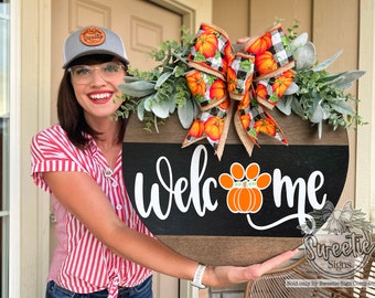 Fall Front Door Decor | Fall Door Hanger | Paw Print Fall Sign | Fall Welcome Sign | Pumpkin Door Hanger | Fall Door Wreath | Fall Porch