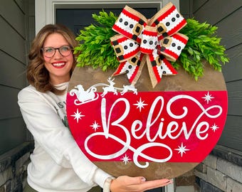 Christmas Front Door Decor | Merry Christmas | Believe | Christmas Wreath | Christmas Decor | Christmas Sign | Christmas Door Wreath