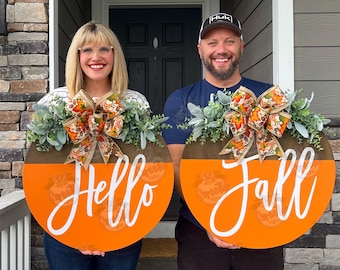 Decoración de otoño para puerta de entrada / Hola otoño / Decoración de otoño / Letreros de otoño / Corona para puerta doble / Corona para puerta doble / Colgador de puerta / Corona para puerta