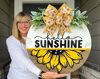 Front Door Decor | Front Door Wreath | Hello Sunshine | Sunflower | Front Door Sign | Door Hanger | Year Round Door Hanger | Sunflower