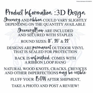 Op de afbeelding: Productinformatie tekst voor een 3D-ontwerpbord. Details: groen en lint kunnen vari&euml;ren, groen en strik zijn vastgeniet, ronde maten 46, 51 en 56 cm, permanent buiten-vinyl is verzegeld, onafgewerkte achterkant met lintlus, houtimperfecties.