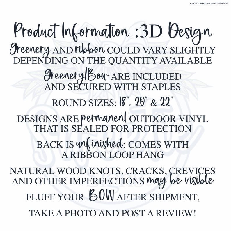 Op de afbeelding: Productinformatie tekst voor een 3D-ontwerpbord. Details: groen en lint kunnen vari&euml;ren, groen en strik zijn vastgeniet, ronde maten 46, 51 en 56 cm, permanent buiten-vinyl is verzegeld, onafgewerkte achterkant met lintlus, houtimperfecties.