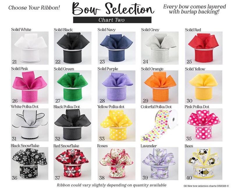Op de afbeelding: Een lintselectiekaart met twintig genummerde opties, elk met een unieke kleur of patroon, waaronder effen wit, zwart, marineblauw, grijs, rood, roze, groen, paars, oranje, geel, stippen, sneeuwvlokken, rozen, lavendel en bijen.