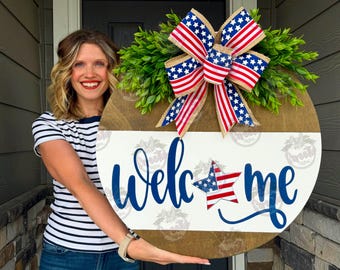 Fourth of July Front Door Hanger | Fourth of July Wreath | Welcome | American Flag | Fourth of July Door Hanger | Fourth of July Door Wreath