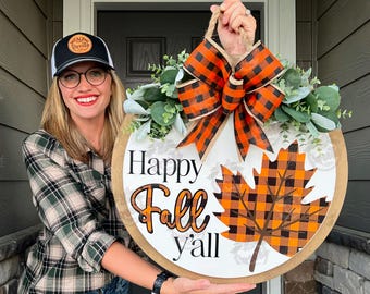 Fall Front Door Decor | Happy Fall Y'all | Fall Door Hanger | Fall Welcome Sign | Fall Door Hanger | Fall Door Wreath | Fall Door Sign