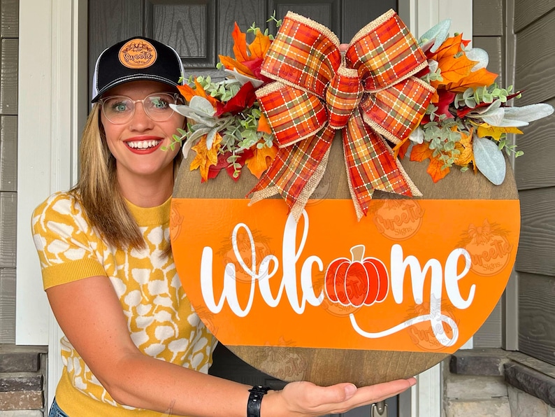 Fall Front Door Decor | Fall Door Hanger | Fall Welcome Sign | Pumpkin Door Hanger | Fall Door Wreath | Fall Porch Decor image 1