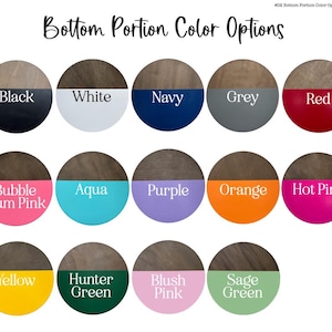 May include: Image displaying color options for the bottom portion of a product. The options include black, white, navy, grey, red, bubble gum pink, aqua, purple, orange, hot pink, yellow, hunter green, blush pink, and sage green.