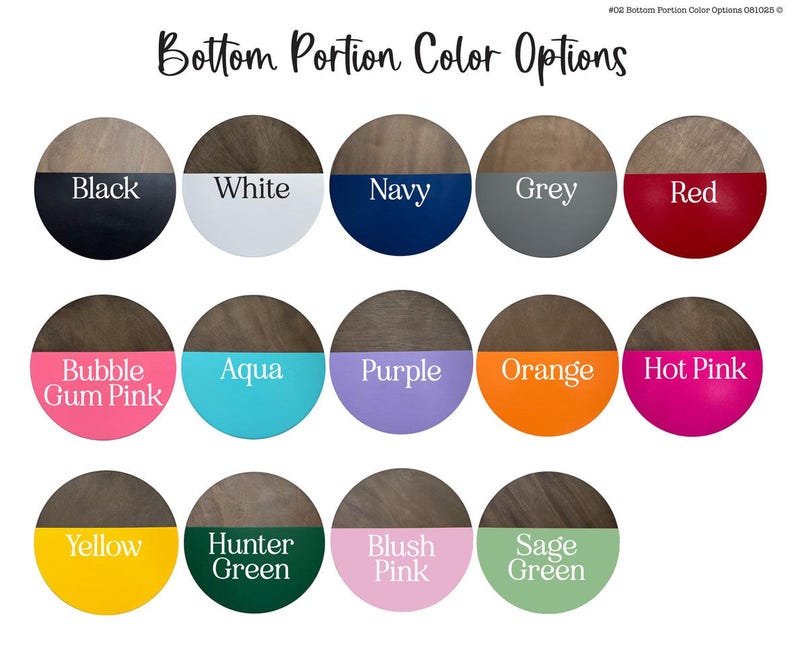 May include: Image displaying color options for the bottom portion of a product. The options include black, white, navy, grey, red, bubble gum pink, aqua, purple, orange, hot pink, yellow, hunter green, blush pink, and sage green.