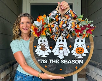 Halloween Front Door Decor | Halloween Wreath | 'Tis The Season | Ghost | Halloween Decor | Halloween Door Hanger | Halloween Wreath | Ghost