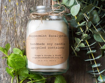 Peppermint Eucalyptus Soy Candle, Peppermint Candle, Eucalyptus Candle, Soy Candles, Upcycled Candles, Soy Wax Candle, Fresh Scented Candle
