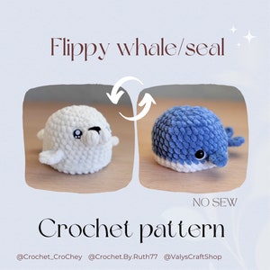 May include: Crochet pattern for a reversible no-sew whale or seal. The whale is blue and white, and the seal is white. The pattern is available for download.