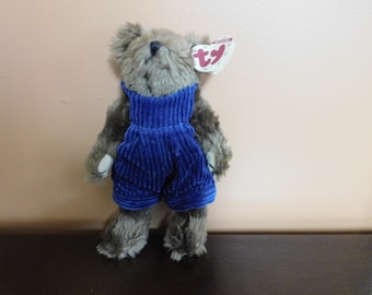 Vintage 1993 TY Teddy Bear in Original Navy Corduroy Overalls with Original Name Tag Christopher Jointed Arms and Legs (box 5)