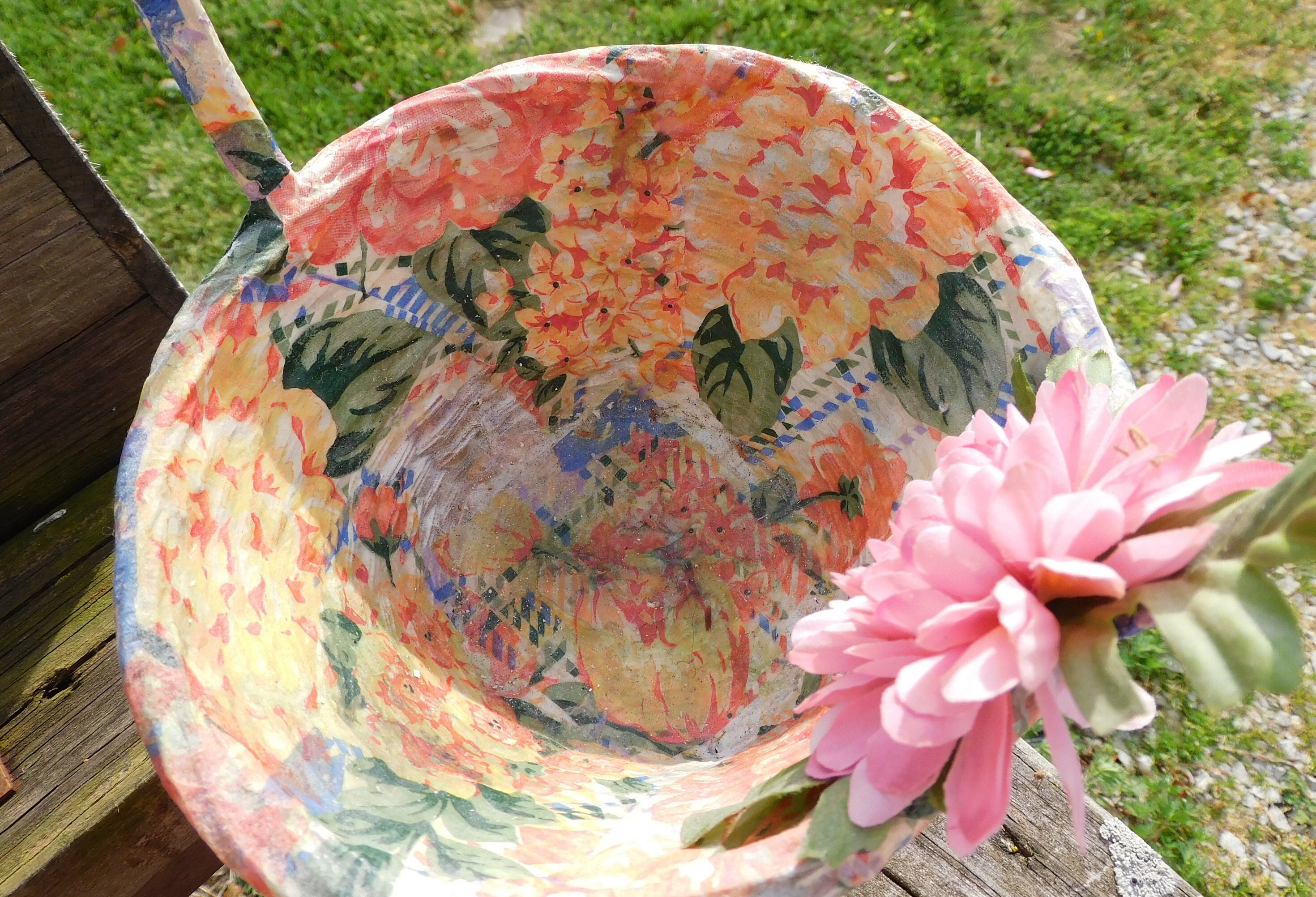 Vintage Pink Floral Decoupaged Round Wicker Basket With Handle Etsy