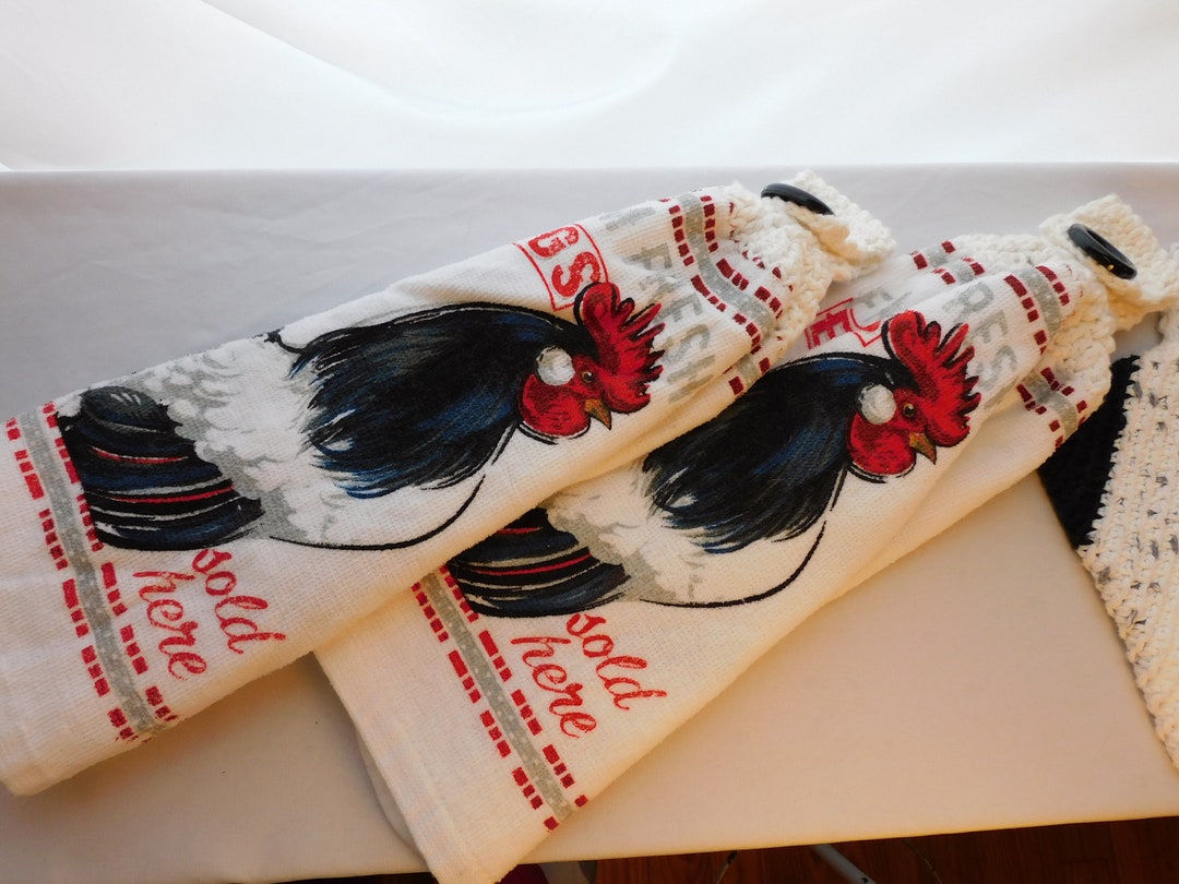 Pair Hand Crocket Tea Towels Hanging Loop Says farm Fresh Eggs Sold