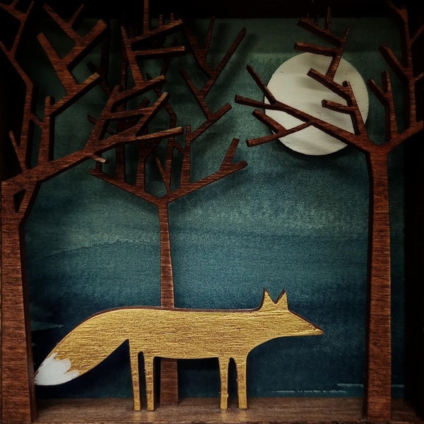 Fox Picture - Fox Diorama - Enchanted Forest Shadow Box - Wooden Art - Folk Art - Folklore - Fairytales - Woodland Picture