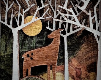 Deer in the Forest Picture - Forest Diorama - Gold Leaf Picture - Wildlife Picture - Enchanted Forest Shadow Box - Wooden Art