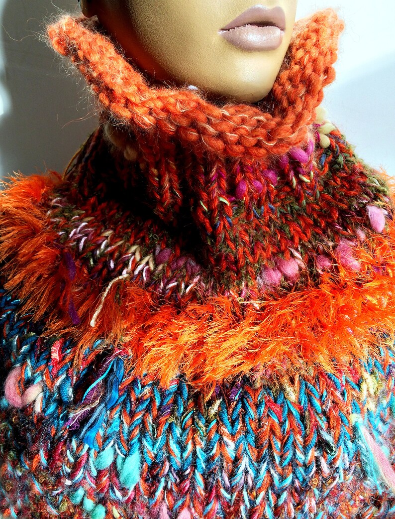 Capelet Shoulder warmer Mohair turtleneck scarf-tube Poncho Cowl Chunky Orange wrap with tassel Gift for her him