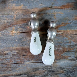 Antique Hot and Cold Faucet Knob Set / Milk Glass & Metal Bath Kitchen Sink Handle Hardware Pair / Replacement Knobs