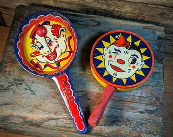 Two Vintage Clown Face Tin Noise Makers Toy by Kirchhof, Newark KJ / Life of the Party Products Line