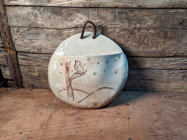 Ceramic Wall Art with Owl and Stars ~ Pocket Vase Container Air Plant Holder