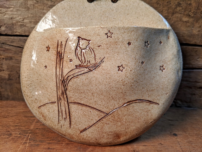 Ceramic Wall Art with Owl and Stars ~ Pocket Vase Container Air Plant Holder