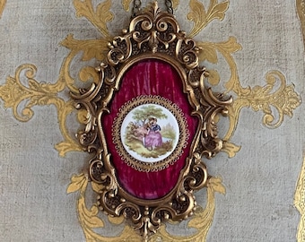 Vintage Porcelain Picture on Velvet Wall Plaque - Made in Italy